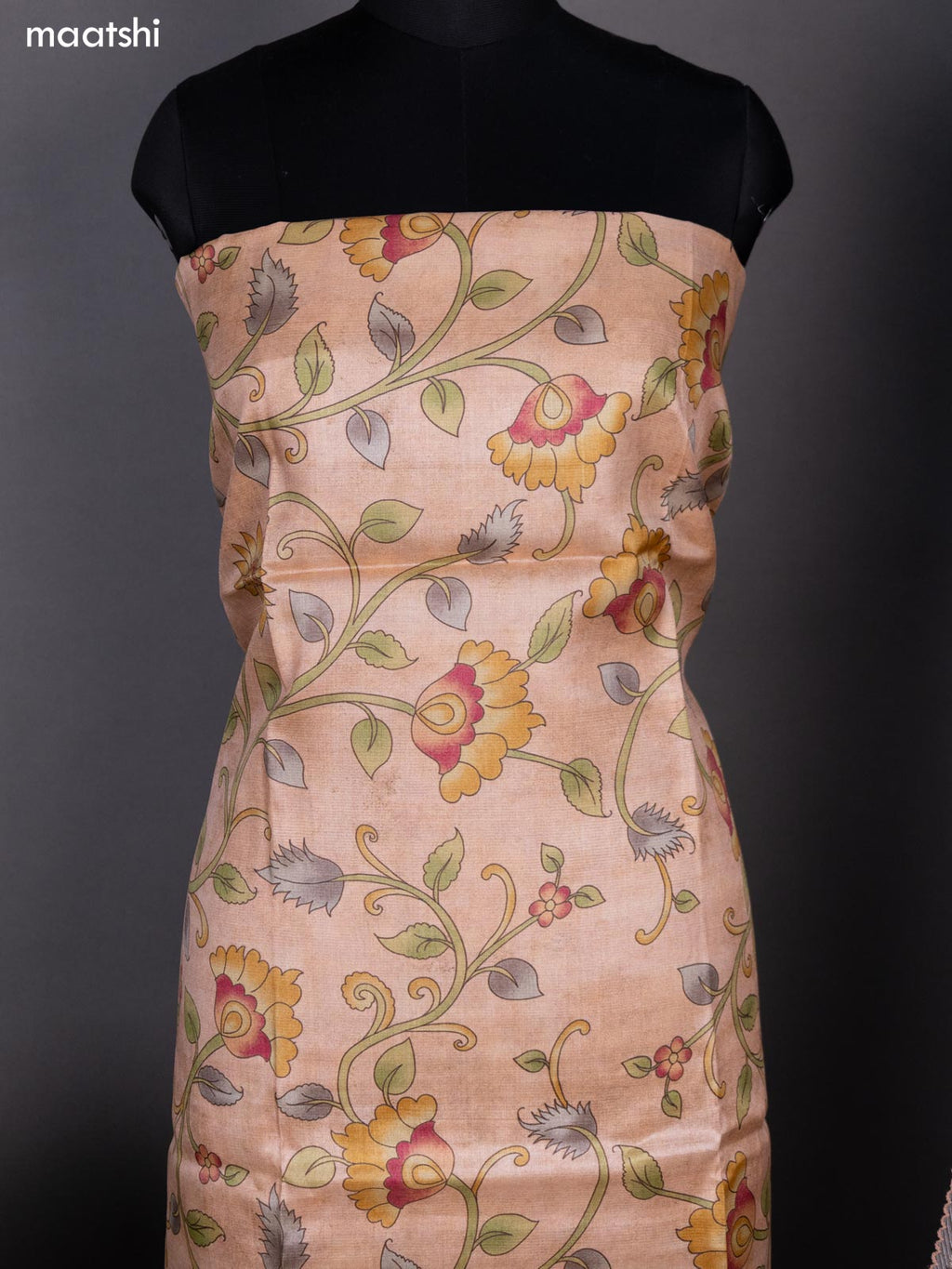 Peach Shade and Grey Pure Tussar Dress Material With Allover Kalamkari Prints