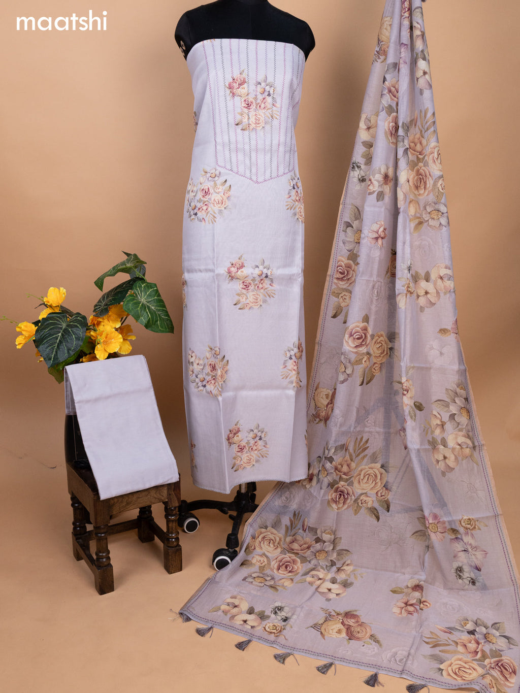 Pastel Grey Chanderi Dress Material With Allover Thread Weaves & Floral Prints