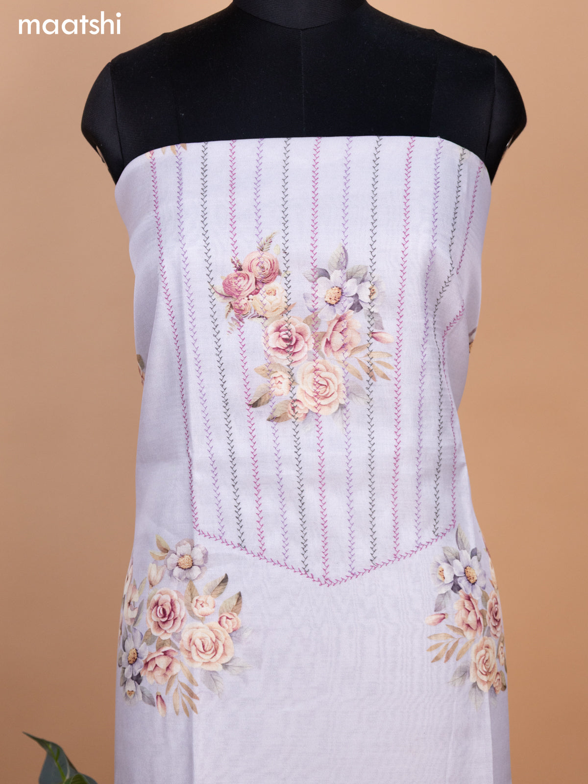 Pastel Grey Chanderi Dress Material With Allover Thread Weaves & Floral Prints