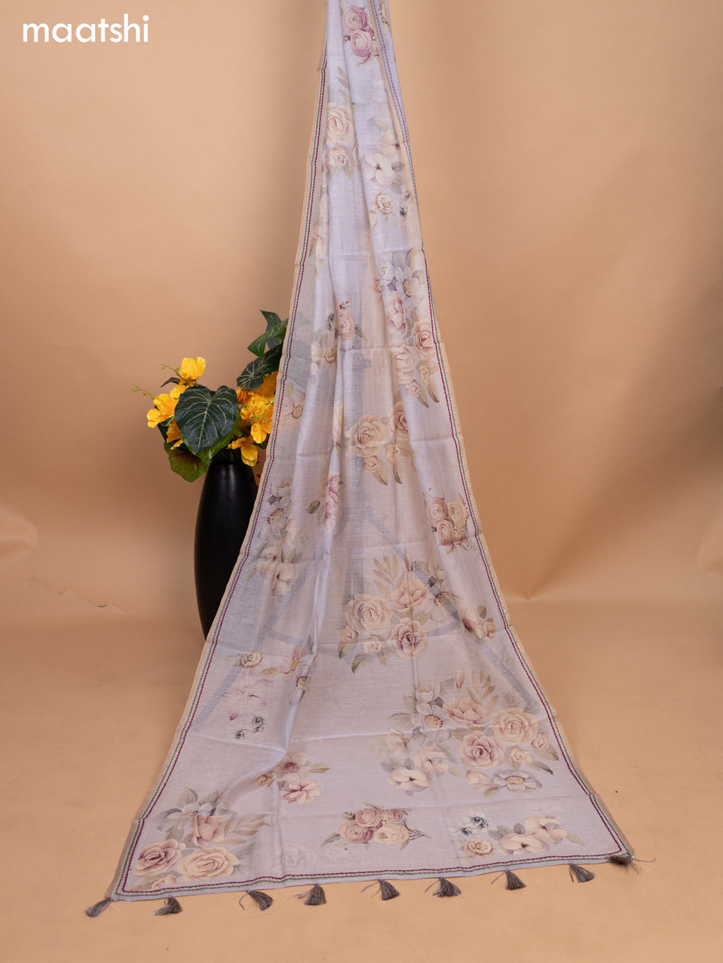 Pastel Grey Chanderi Dress Material With Allover Thread Weaves & Floral Prints