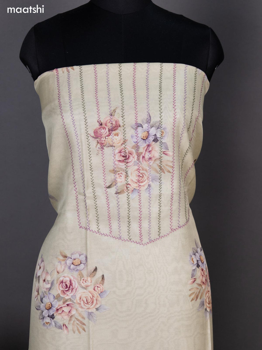 Mild Pista Green Chanderi Dress Material With Allover Thread Weaves & Floral Prints