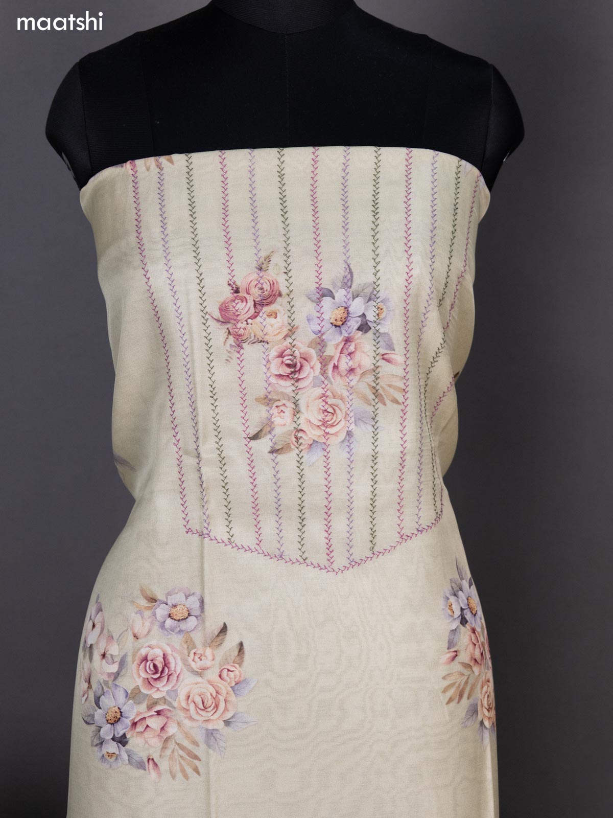 Mild Pista Green Chanderi Dress Material With Allover Thread Weaves & Floral Prints