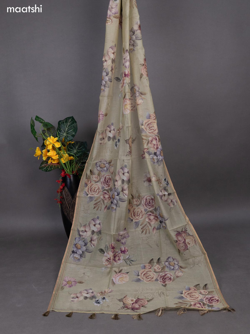 Mild Pista Green Chanderi Dress Material With Allover Thread Weaves & Floral Prints