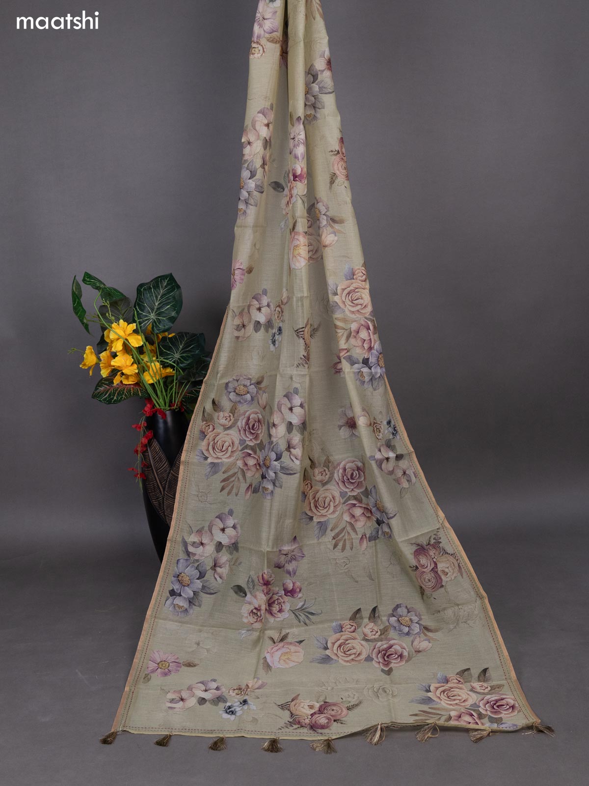 Mild Pista Green Chanderi Dress Material With Allover Thread Weaves & Floral Prints