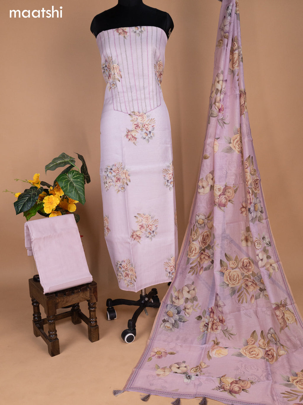 Pastel Pink Shade Chanderi Dress Material With Allover Thread Weaves & Floral Prints