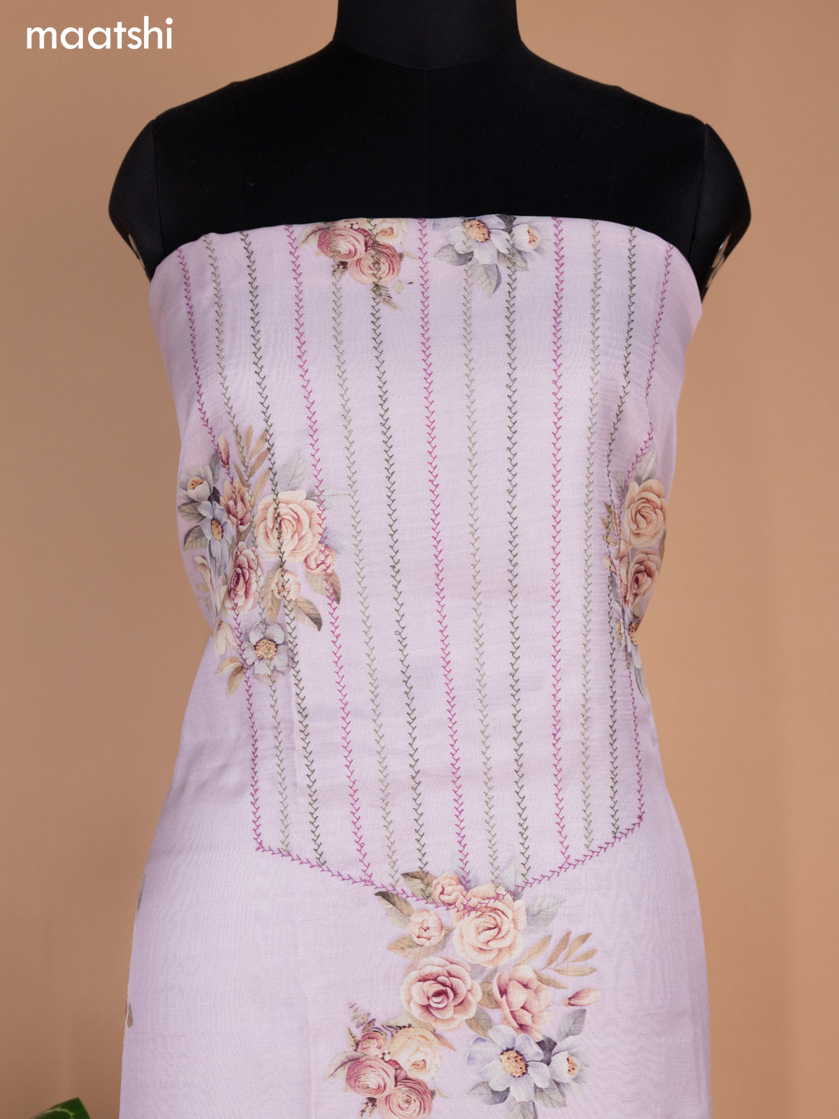 Pastel Pink Shade Chanderi Dress Material With Allover Thread Weaves & Floral Prints