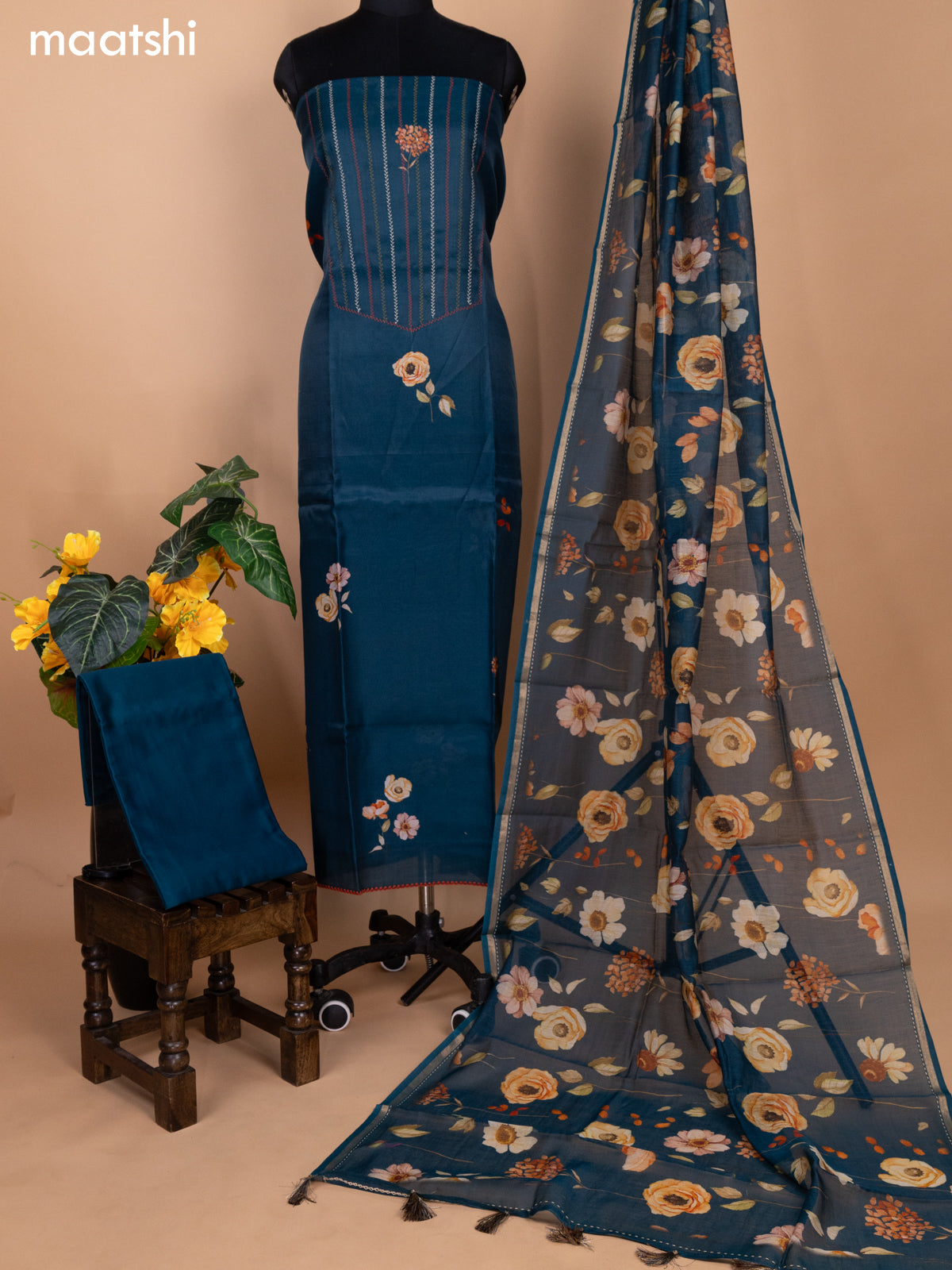 Peacock Blue Chanderi Dress Material With Allover Thread Weaves & Floral Prints