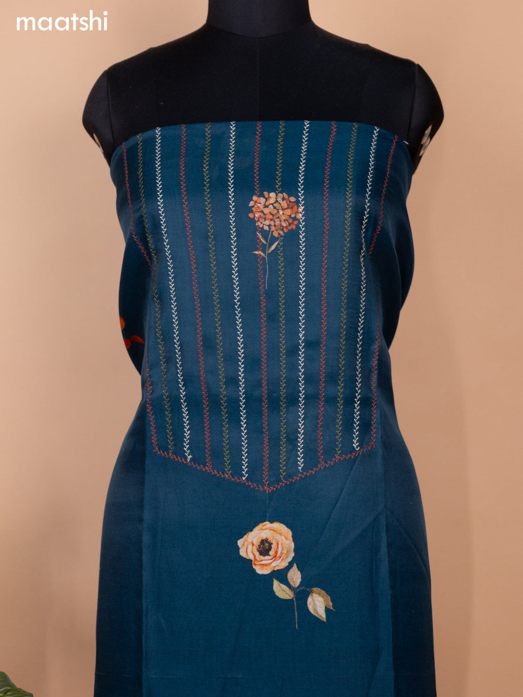 Peacock Blue Chanderi Dress Material With Allover Thread Weaves & Floral Prints