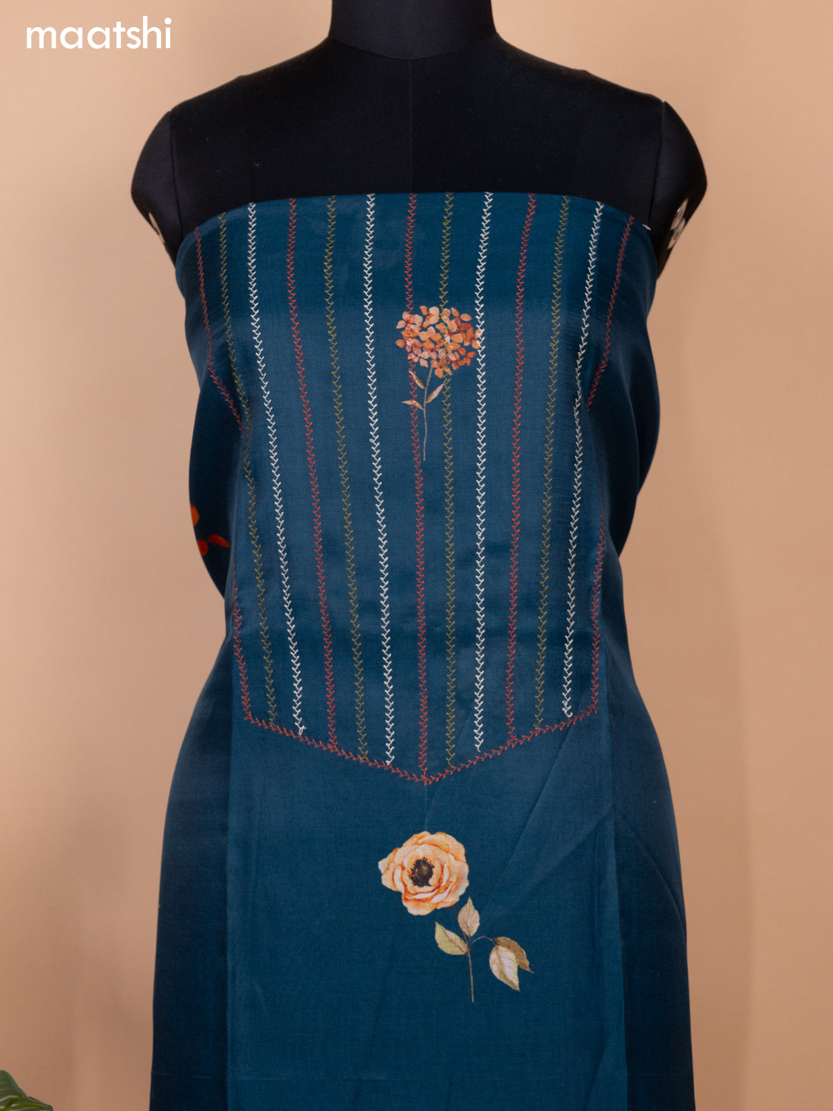 Peacock Blue Chanderi Dress Material With Allover Thread Weaves & Floral Prints
