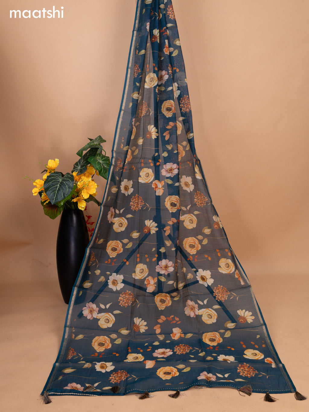 Peacock Blue Chanderi Dress Material With Allover Thread Weaves & Floral Prints