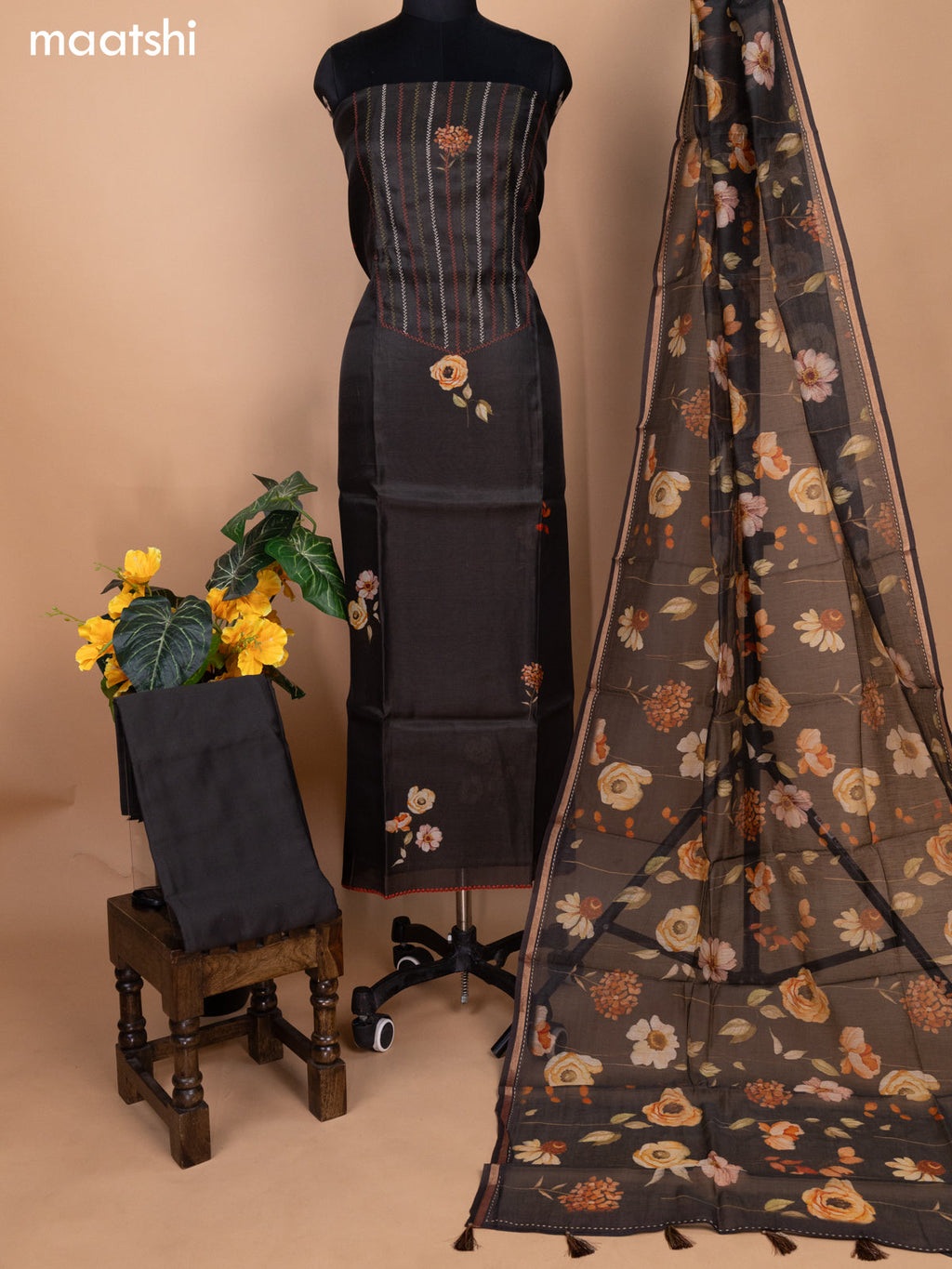 Deep Brown Chanderi Dress Material With Allover Thread Weaves & Floral Prints