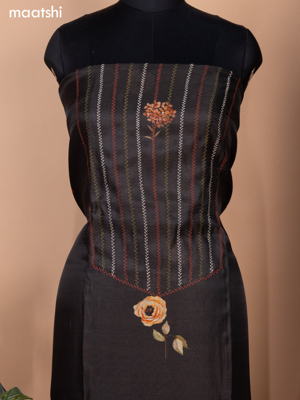 Deep Brown Chanderi Dress Material With Allover Thread Weaves & Floral Prints