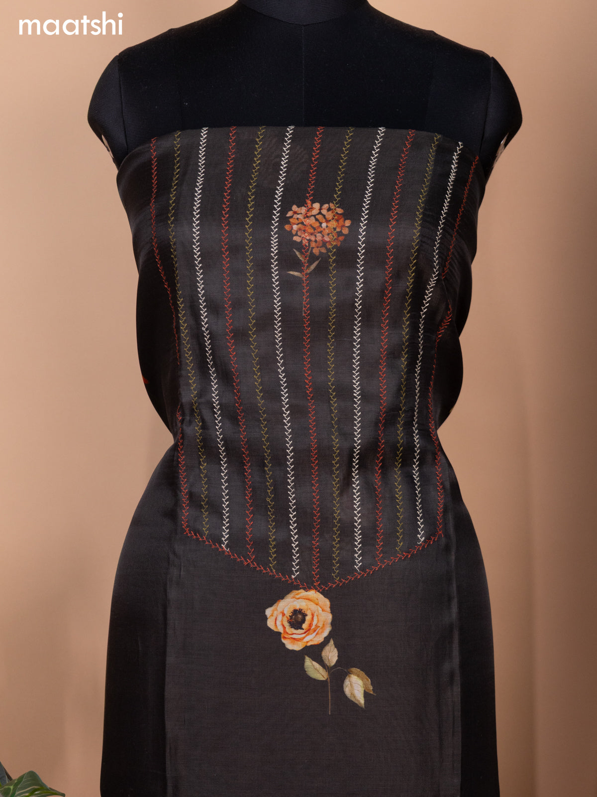 Deep Brown Chanderi Dress Material With Allover Thread Weaves & Floral Prints