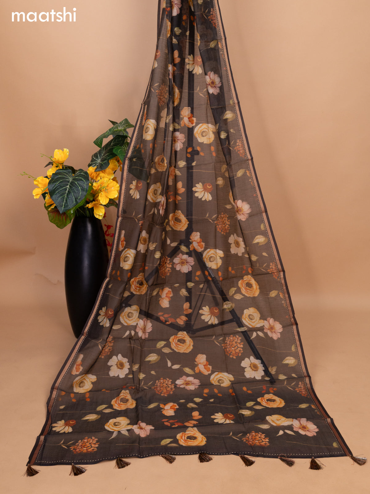 Deep Brown Chanderi Dress Material With Allover Thread Weaves & Floral Prints