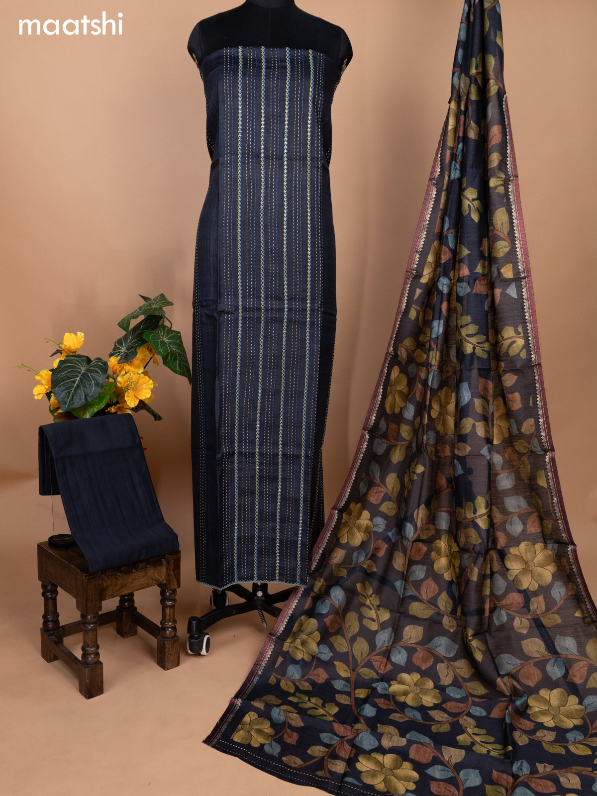 Black Pure Tussar Dress Material With Allover Sequin & Kantha Stitch Work