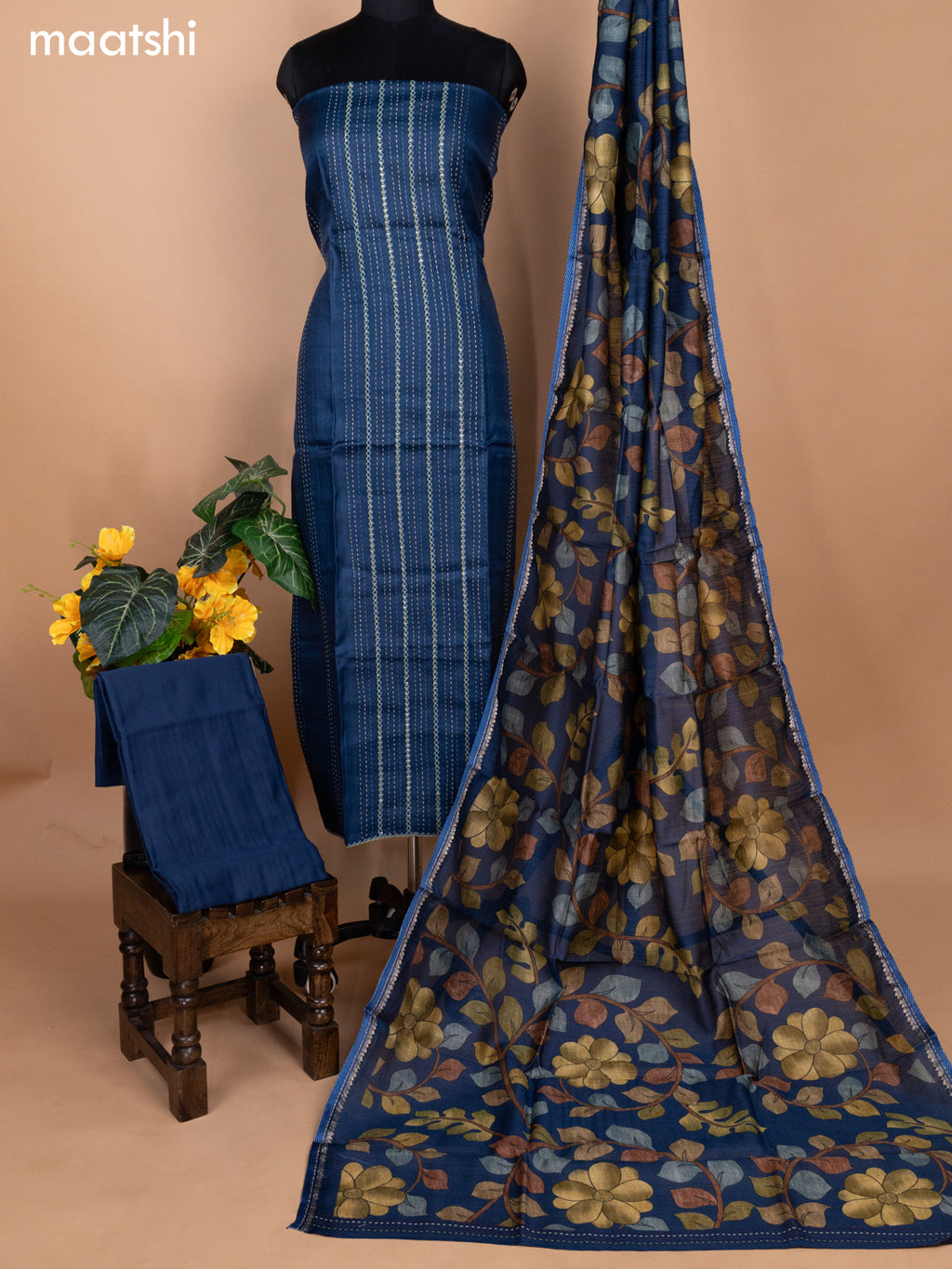 Peacock Blue Pure Tussar Dress Material With Allover Sequin & Kantha Stitch Work