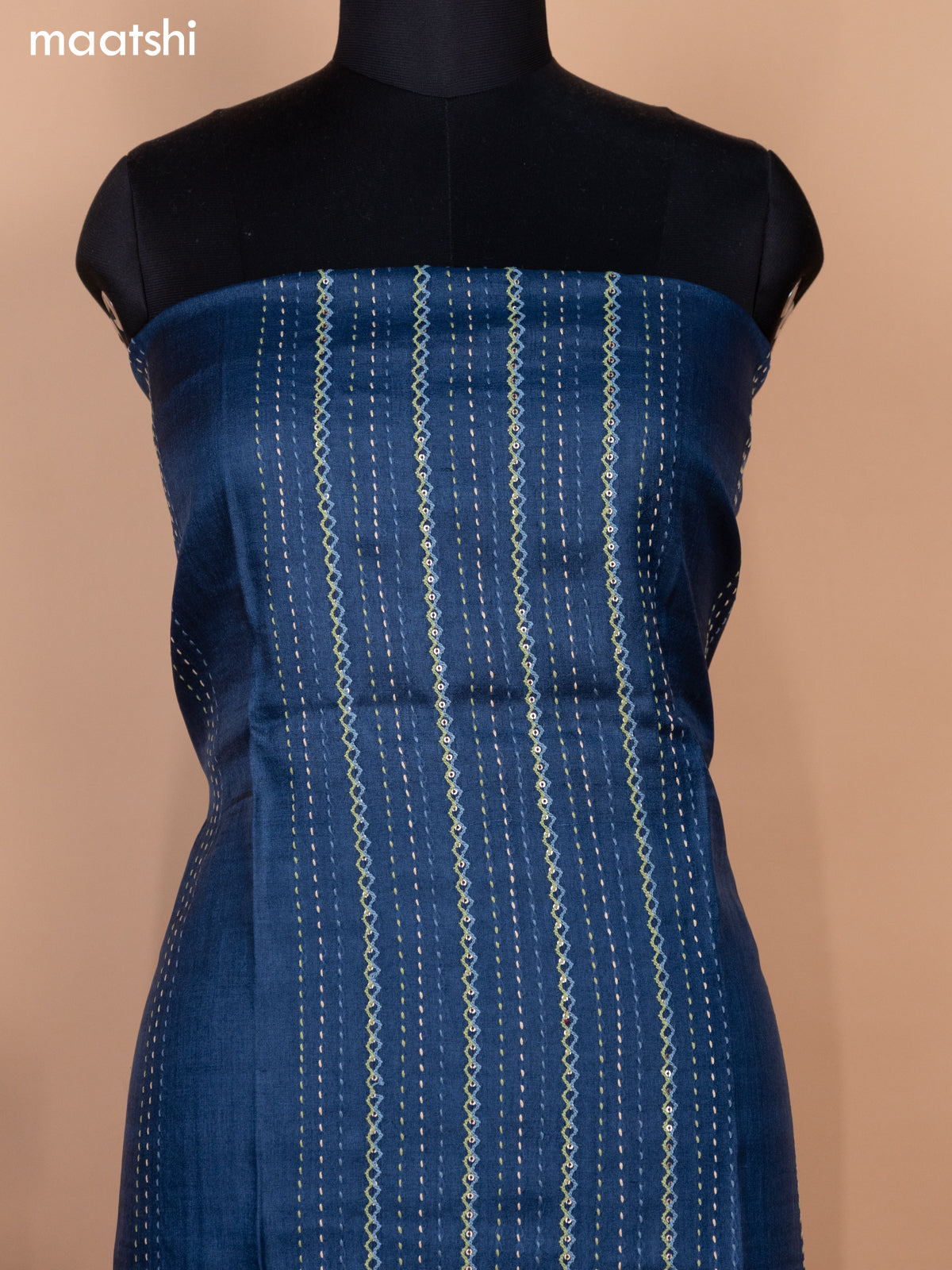 Peacock Blue Pure Tussar Dress Material With Allover Sequin & Kantha Stitch Work