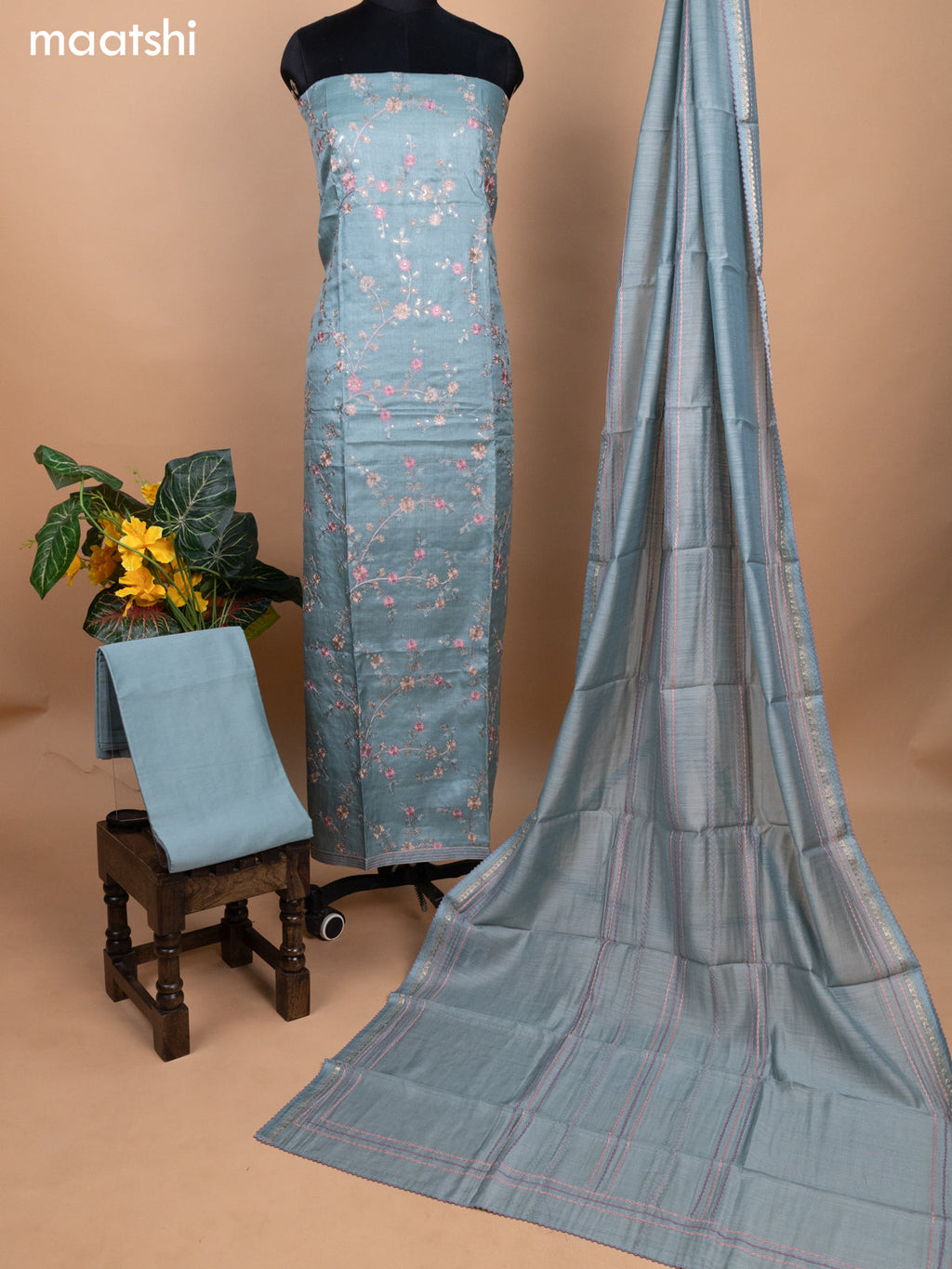 Pastel Blue Pure Tussar Dress Material With Allover Floral Embroidery Work