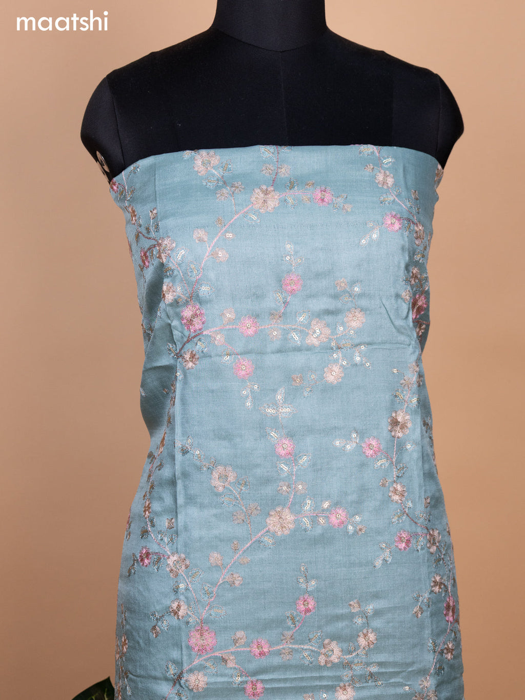 Pastel Blue Pure Tussar Dress Material With Allover Floral Embroidery Work