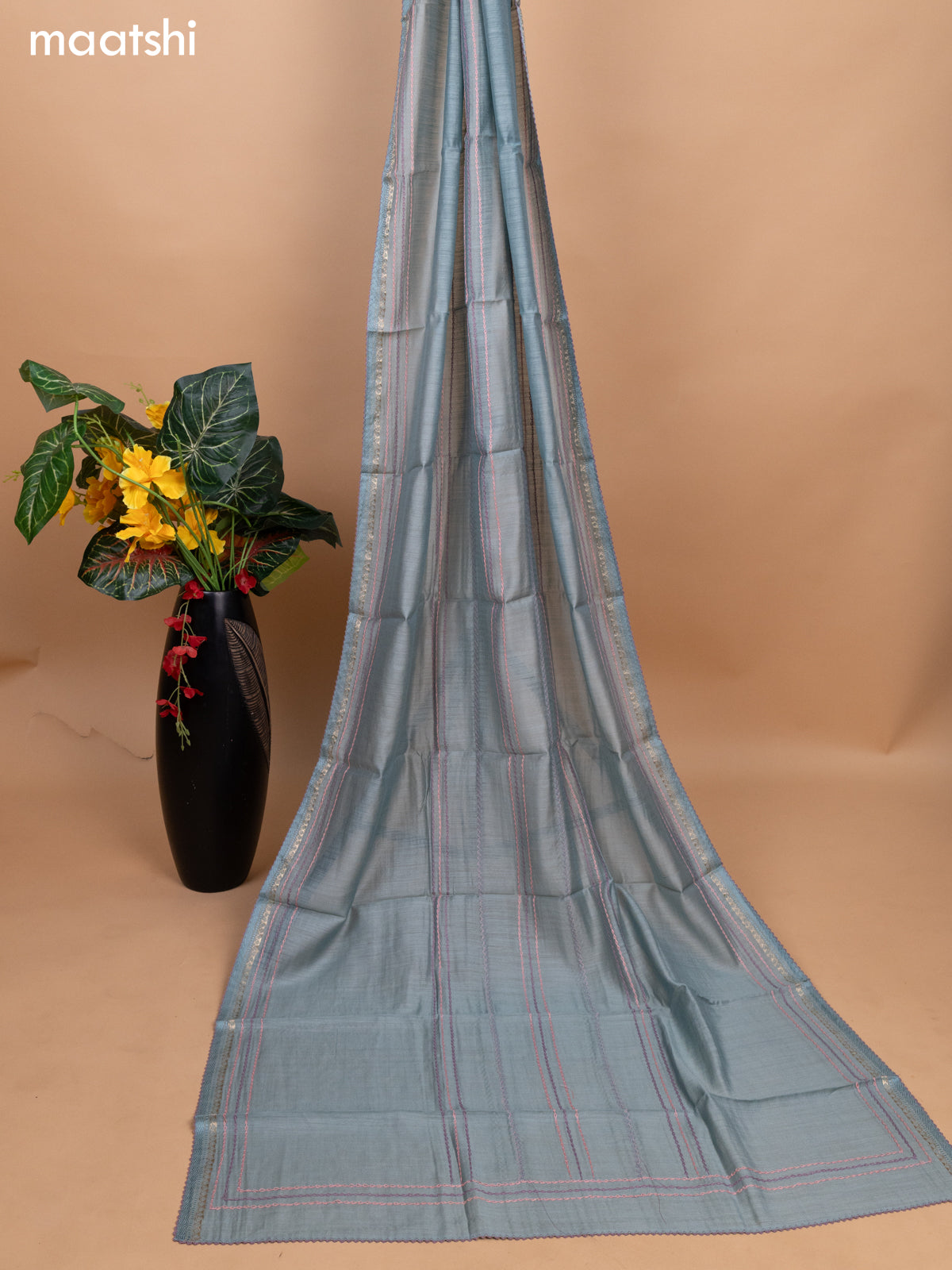 Pastel Blue Pure Tussar Dress Material With Allover Floral Embroidery Work