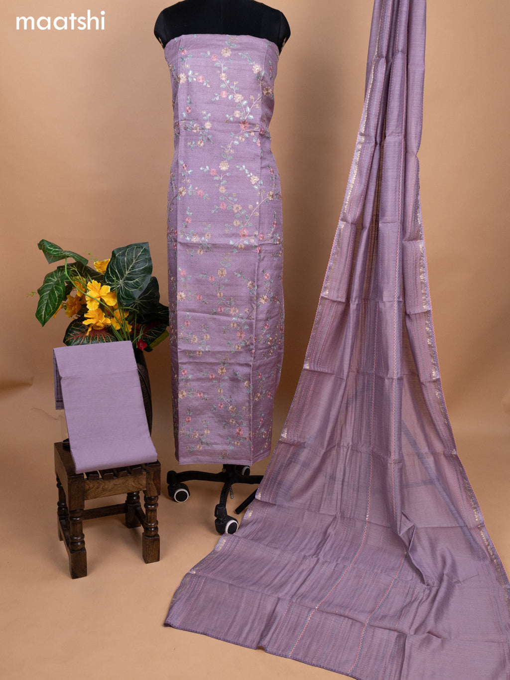 Pastel Lavender Pure Tussar Dress Material With Allover Floral Embroidery Work