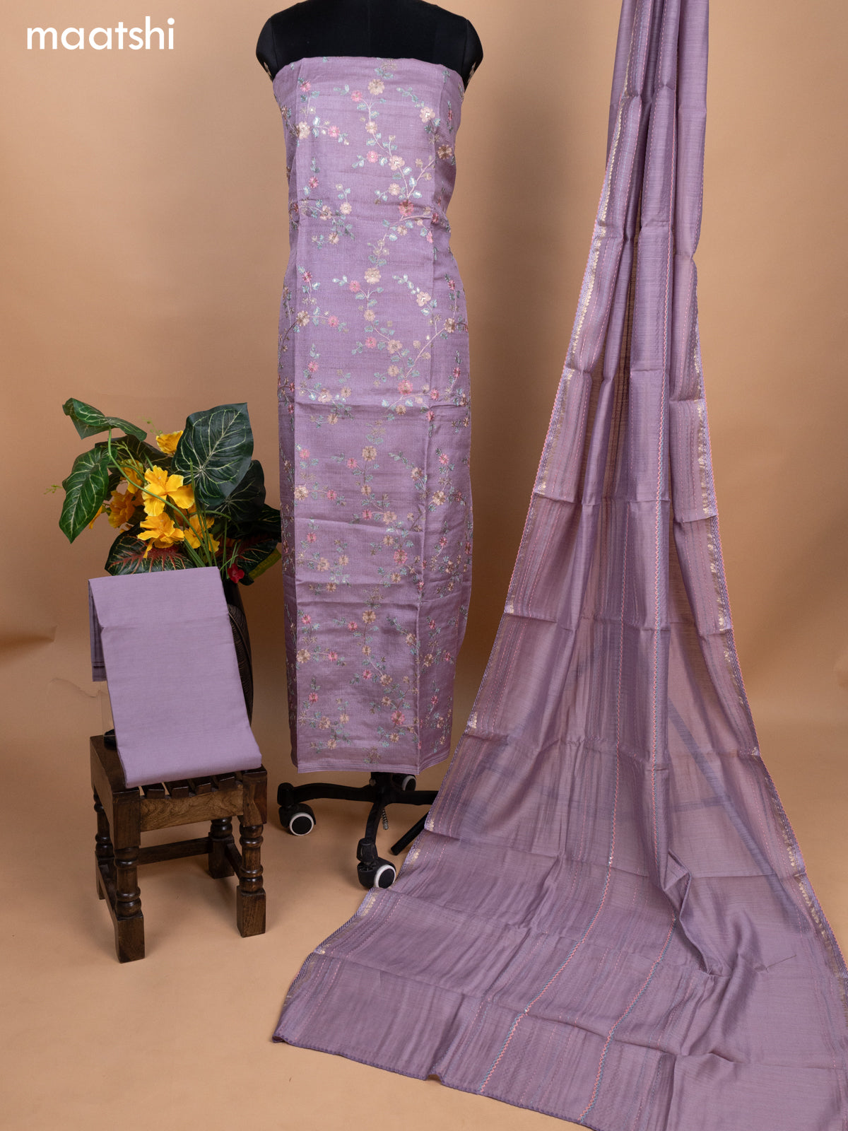 Pastel Lavender Pure Tussar Dress Material With Allover Floral Embroidery Work