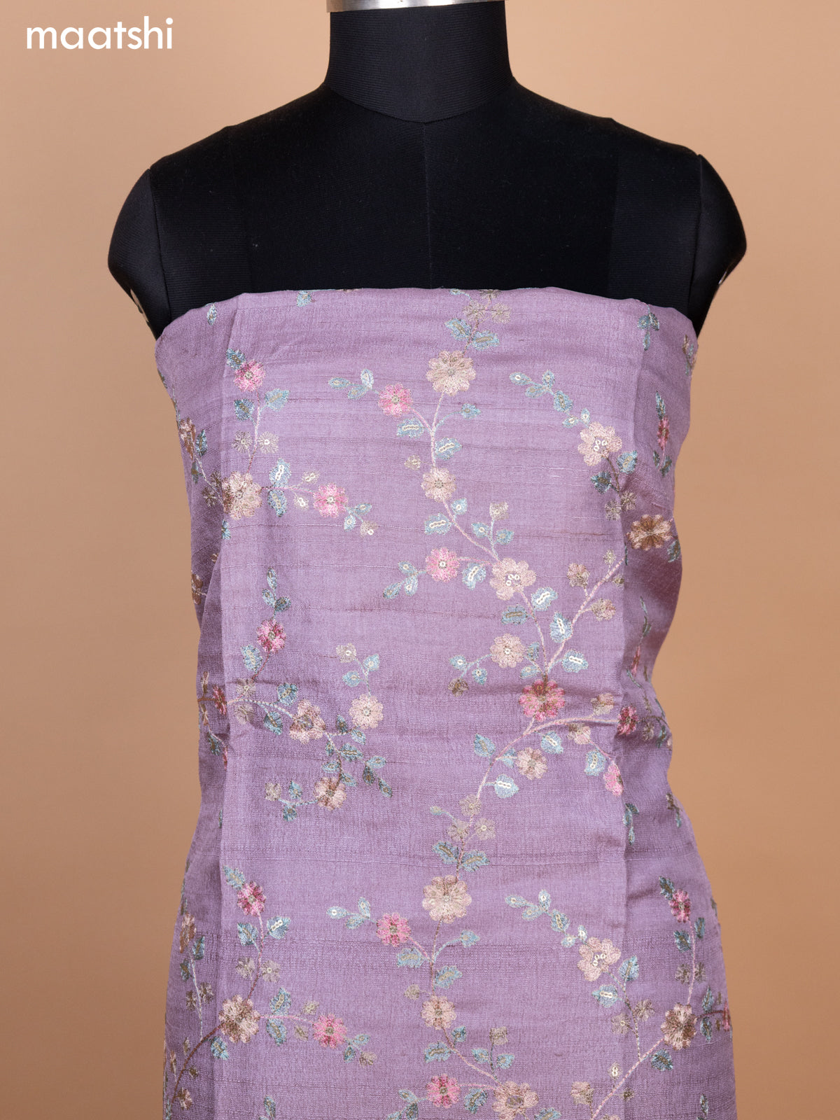 Pastel Lavender Pure Tussar Dress Material With Allover Floral Embroidery Work