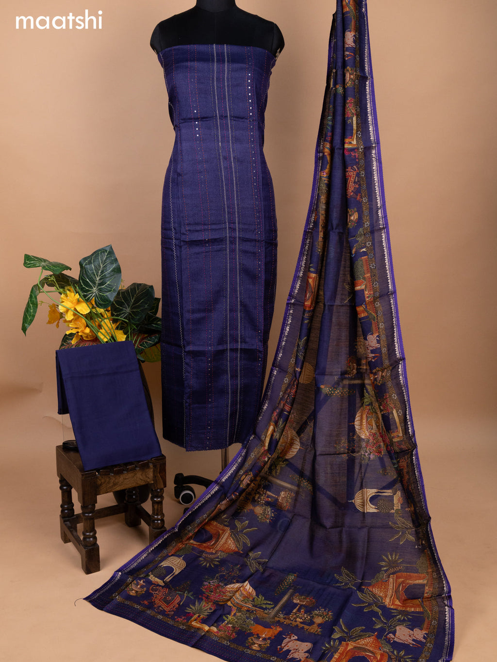 Violet Pure Tussar Dress Material With Allover Sequin & Kantha Stitch Work