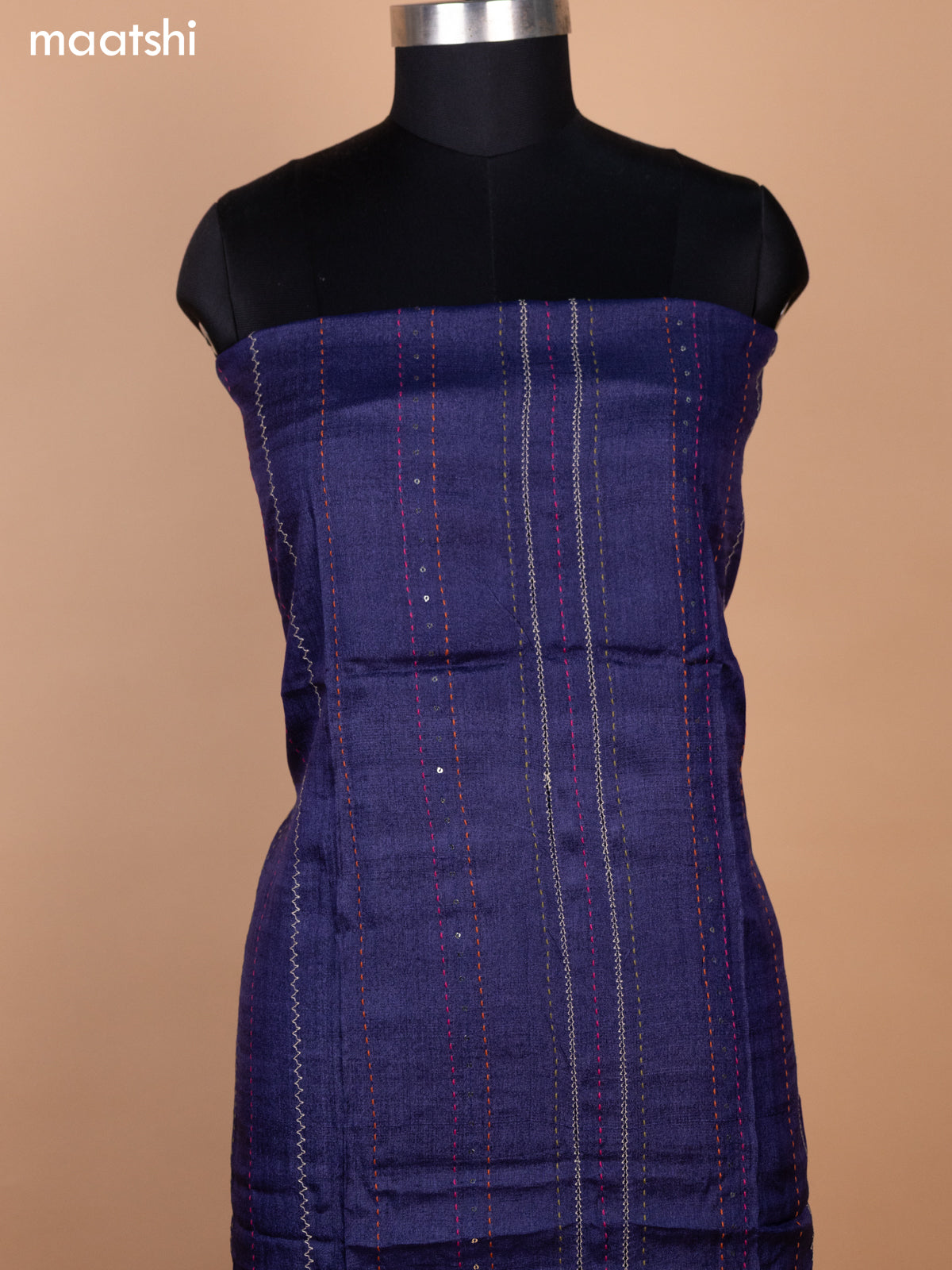 Violet Pure Tussar Dress Material With Allover Sequin & Kantha Stitch Work