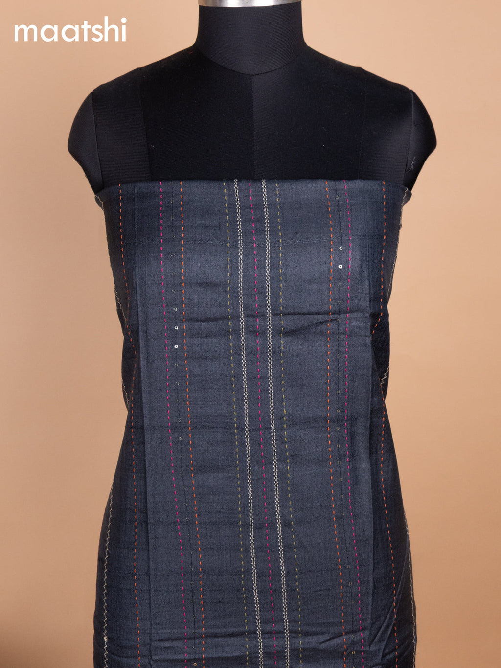 Black Pure Tussar Dress Material With Allover Sequin & Kantha Stitch Work