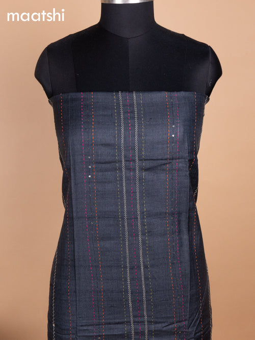 Black Pure Tussar Dress Material With Allover Sequin & Kantha Stitch Work