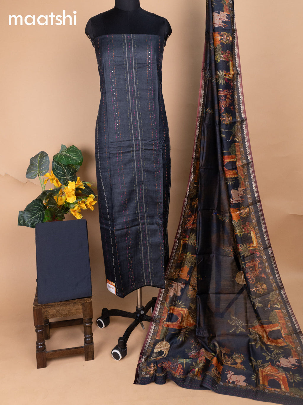 Black Pure Tussar Dress Material With Allover Sequin & Kantha Stitch Work