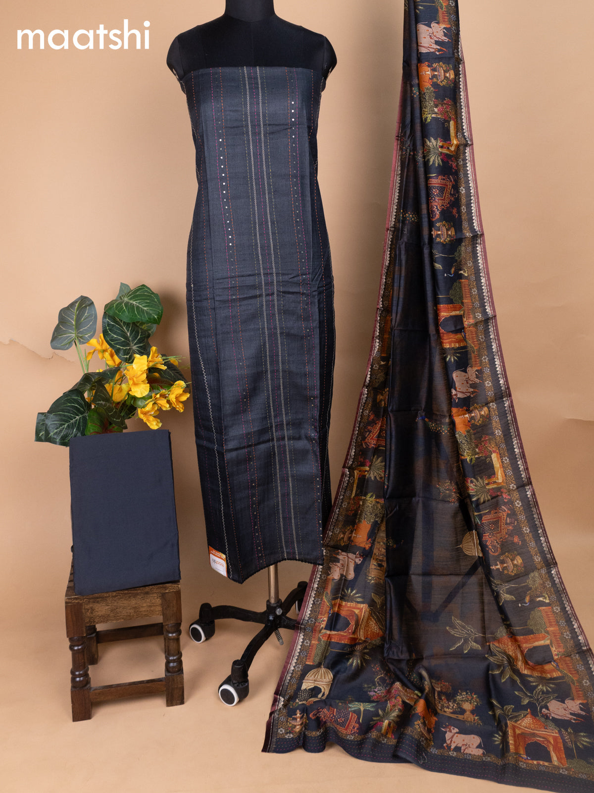 Black Pure Tussar Dress Material With Allover Sequin & Kantha Stitch Work