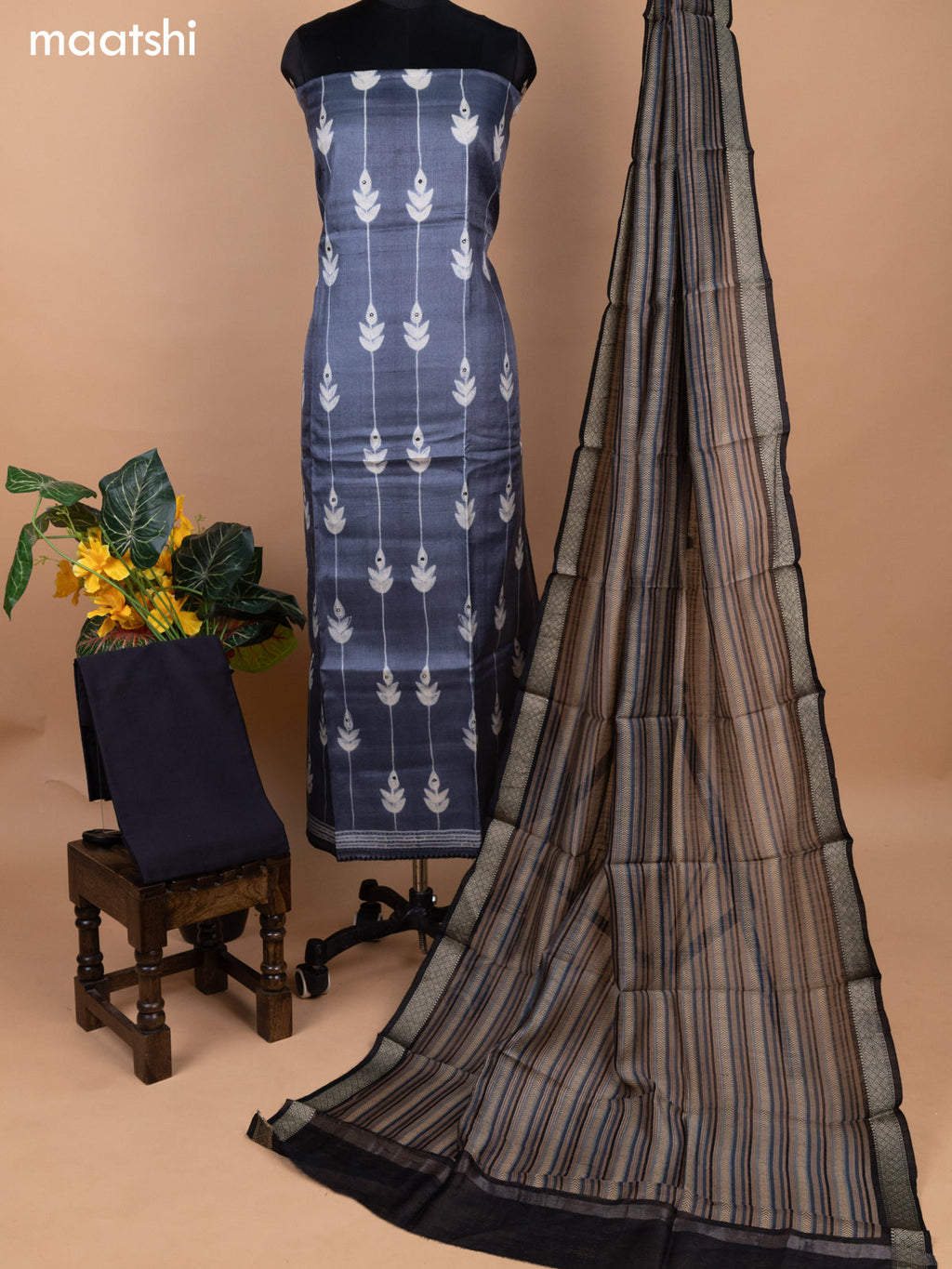 Grey and Black Pure Tussar Dress Material With Allover Shibori Prints & Kantha Stitch Work