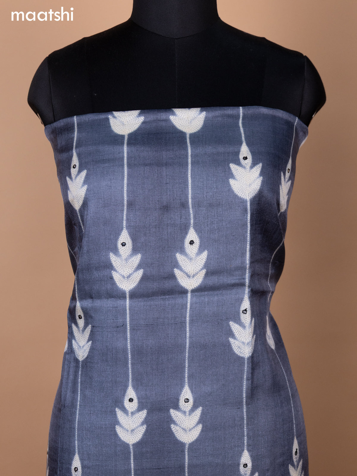 Grey and Black Pure Tussar Dress Material With Allover Shibori Prints & Kantha Stitch Work