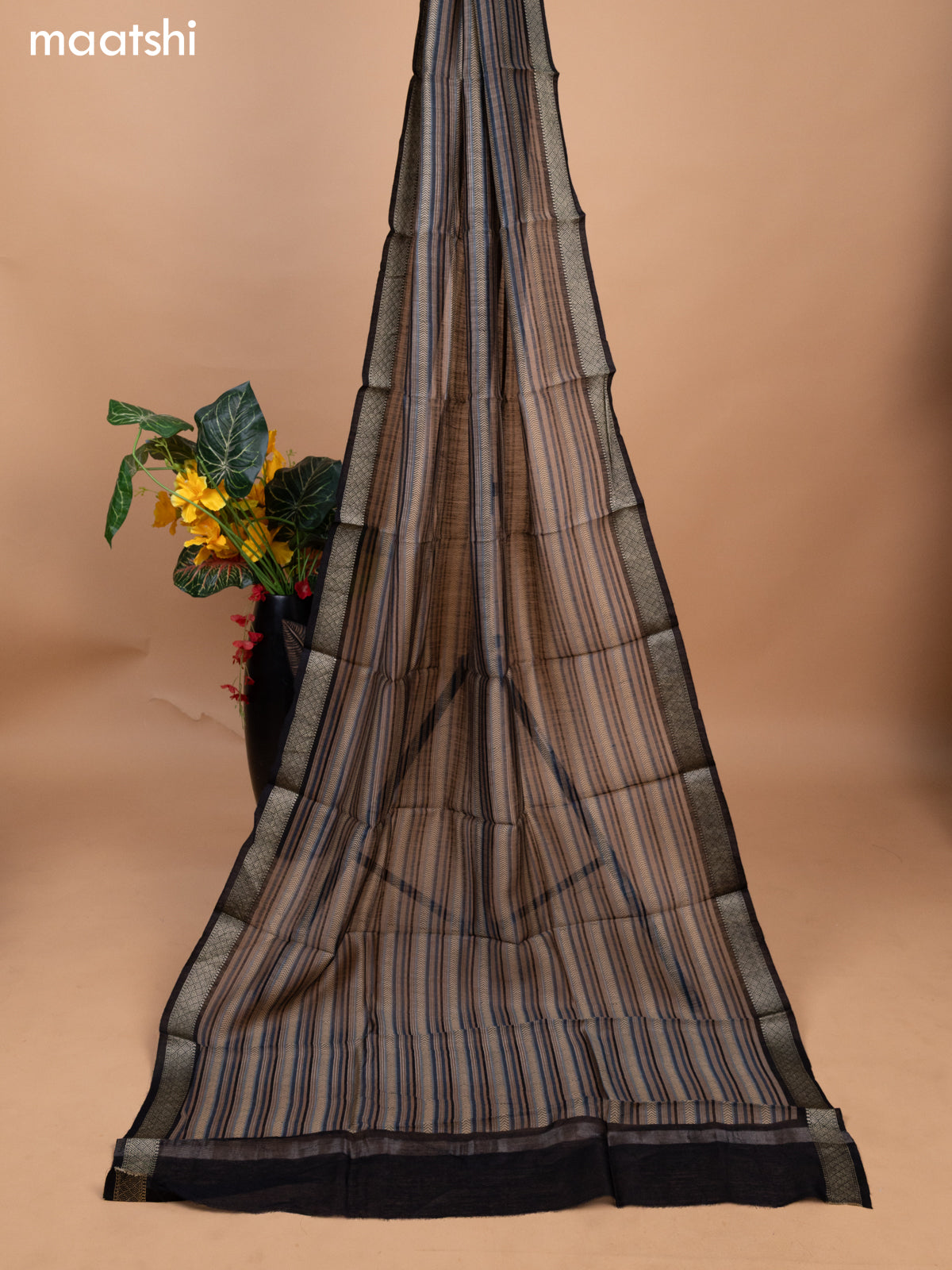 Grey and Black Pure Tussar Dress Material With Allover Shibori Prints & Kantha Stitch Work