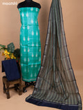 Teal Blue and Navy Blue Pure Tussar Dress Material With Allover Shibori Prints & Kantha Stitch Work