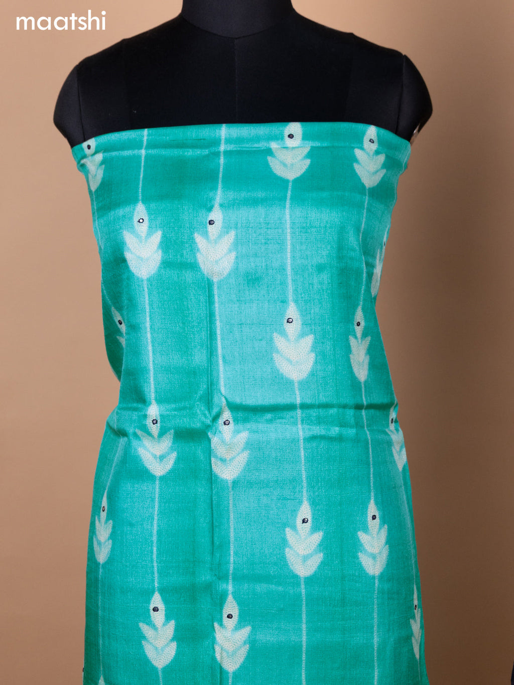 Teal Blue and Navy Blue Pure Tussar Dress Material With Allover Shibori Prints & Kantha Stitch Work