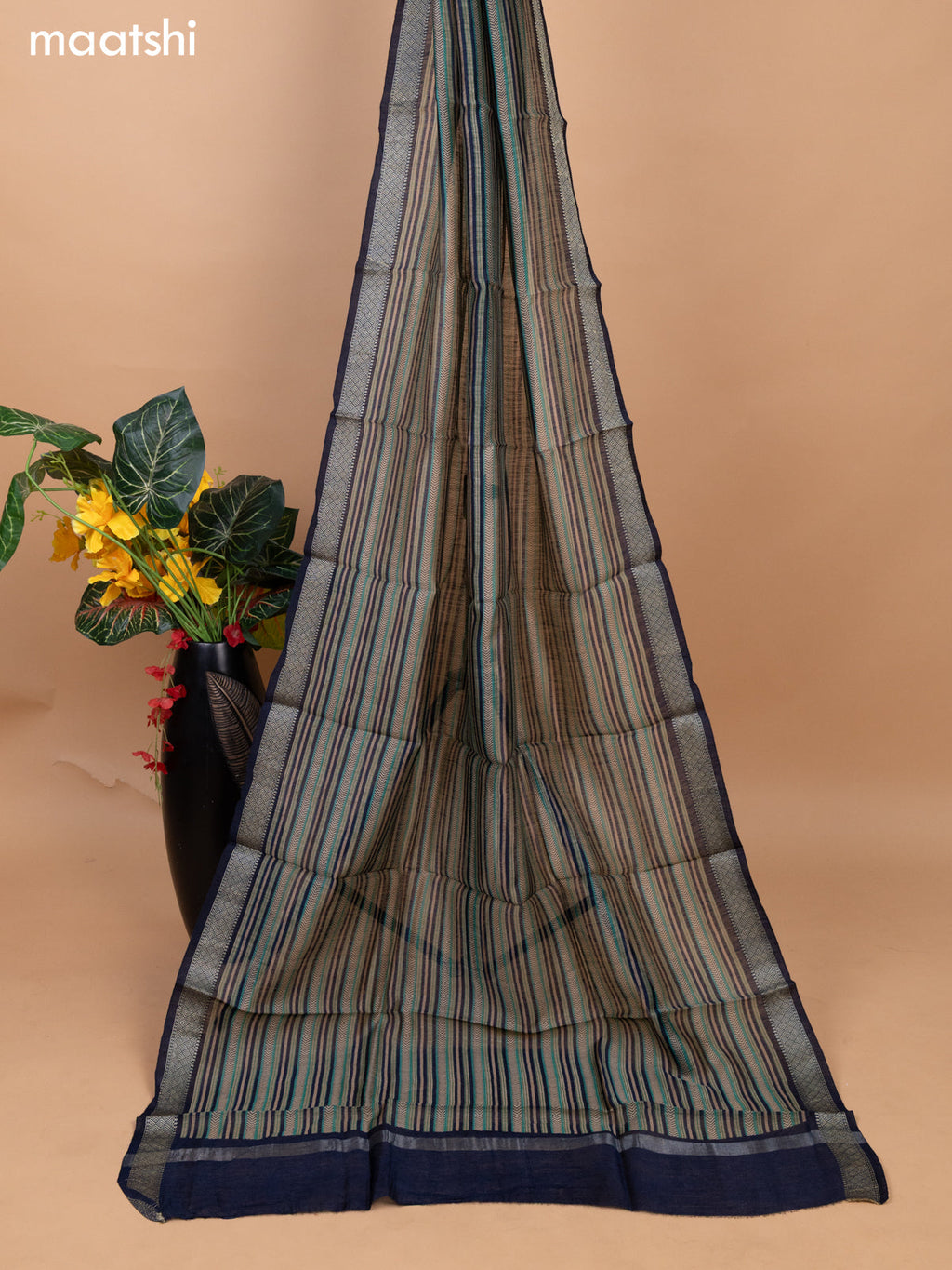 Teal Blue and Navy Blue Pure Tussar Dress Material With Allover Shibori Prints & Kantha Stitch Work