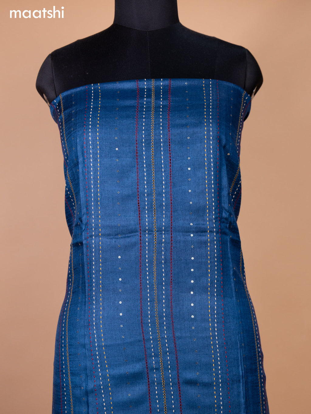 Peacock Blue Pure Tussar Dress Material With Allover Sequin & Kantha Stitch Work