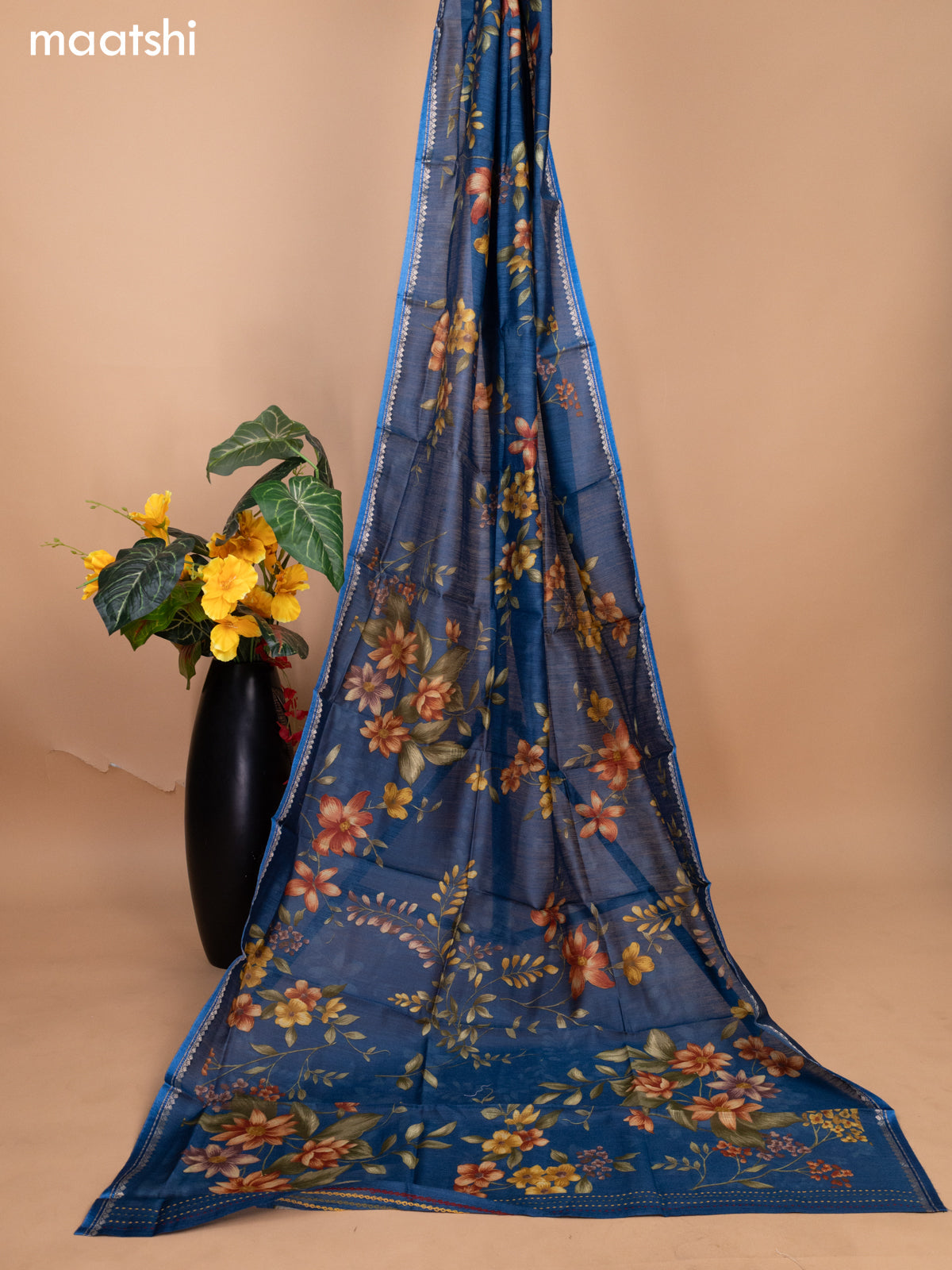 Peacock Blue Pure Tussar Dress Material With Allover Sequin & Kantha Stitch Work