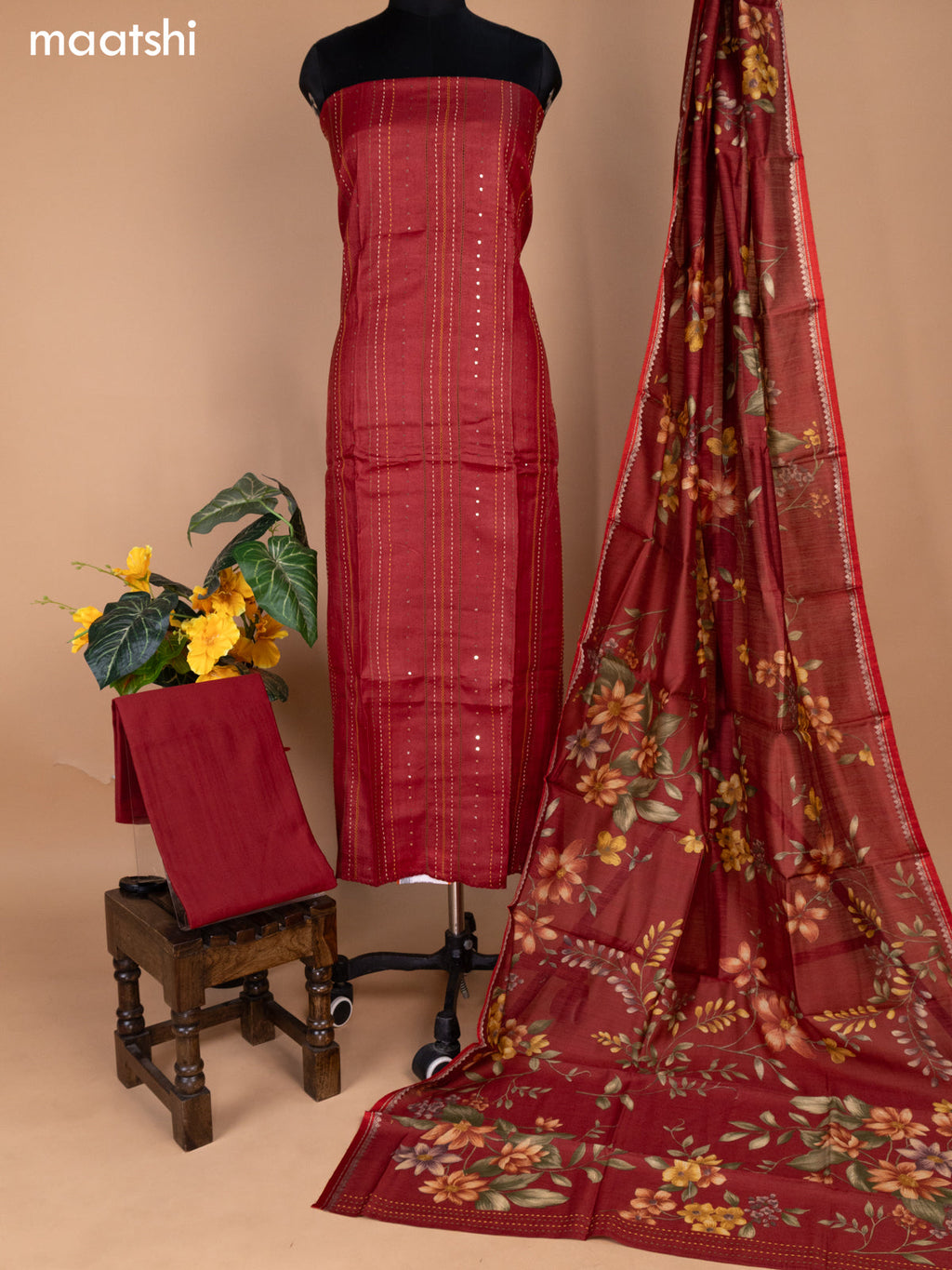 Maroon Pure Tussar Dress Material With Allover Sequin & Kantha Stitch Work