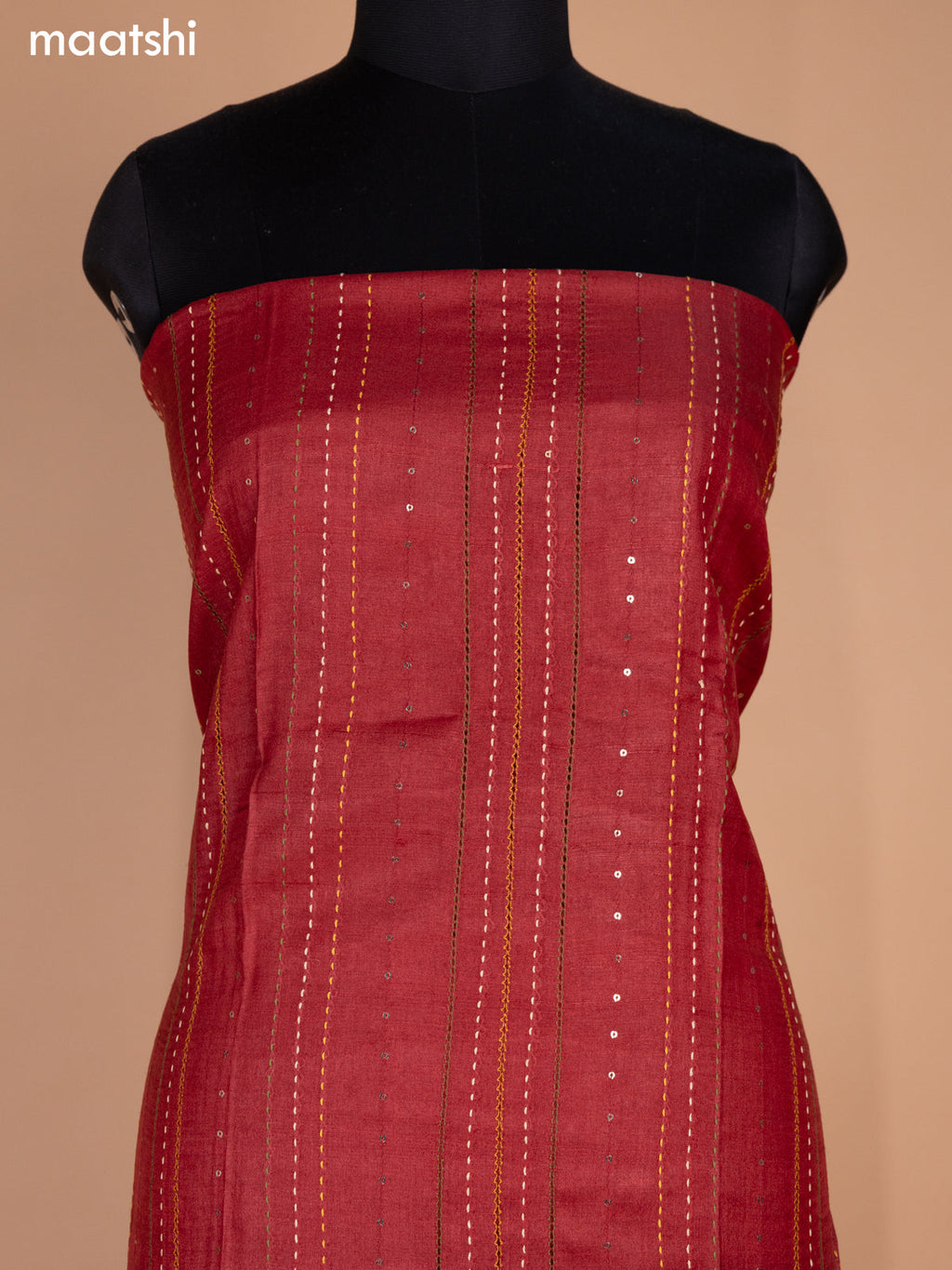 Maroon Pure Tussar Dress Material With Allover Sequin & Kantha Stitch Work