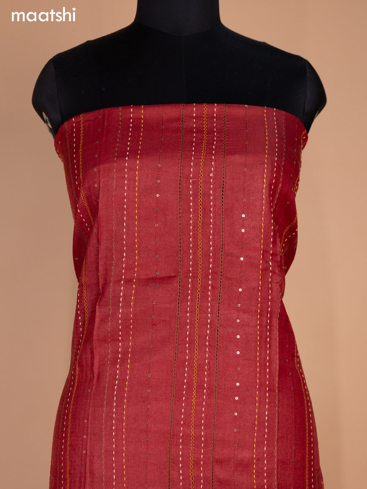 Maroon Pure Tussar Dress Material With Allover Sequin & Kantha Stitch Work
