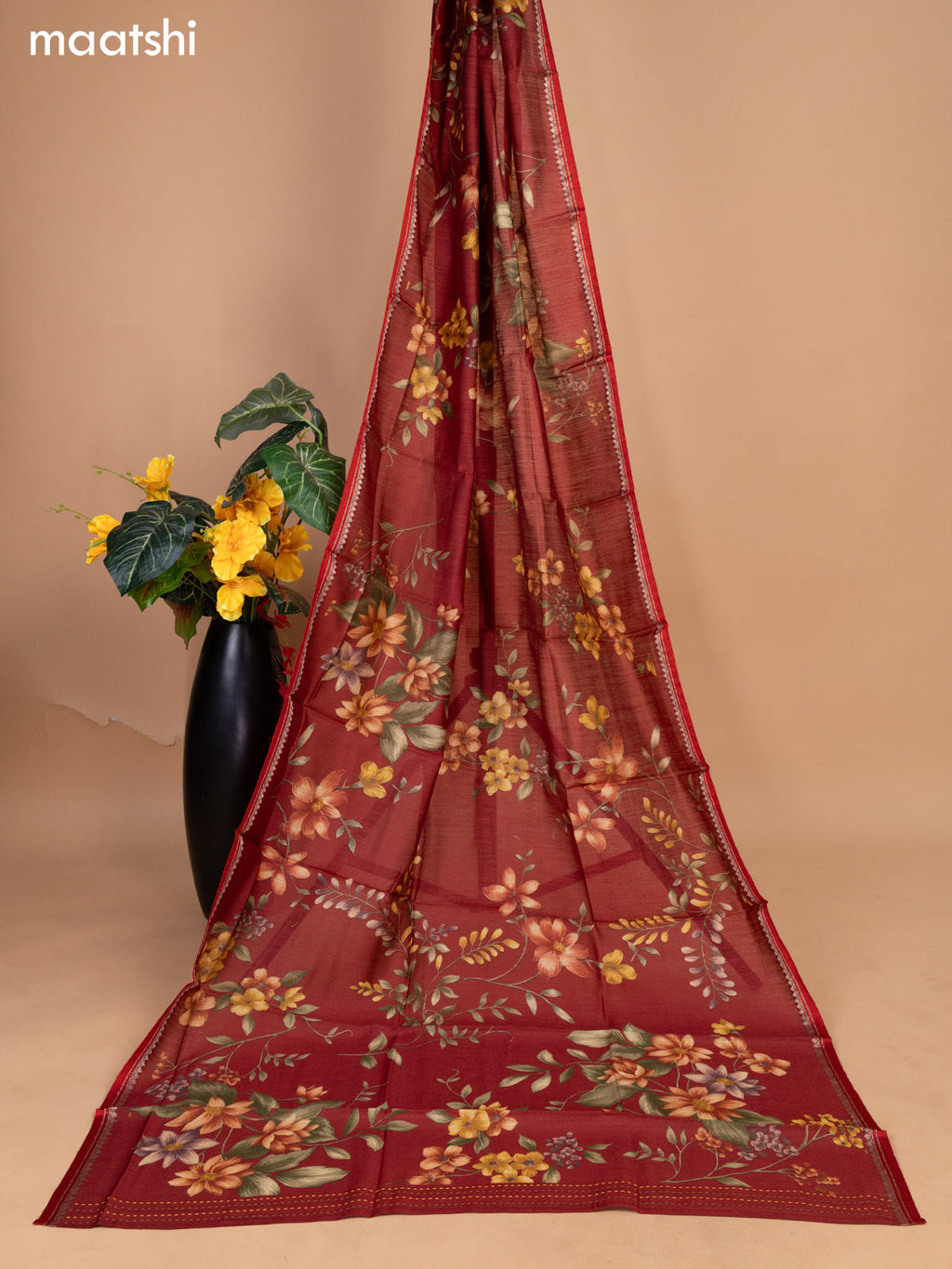 Maroon Pure Tussar Dress Material With Allover Sequin & Kantha Stitch Work