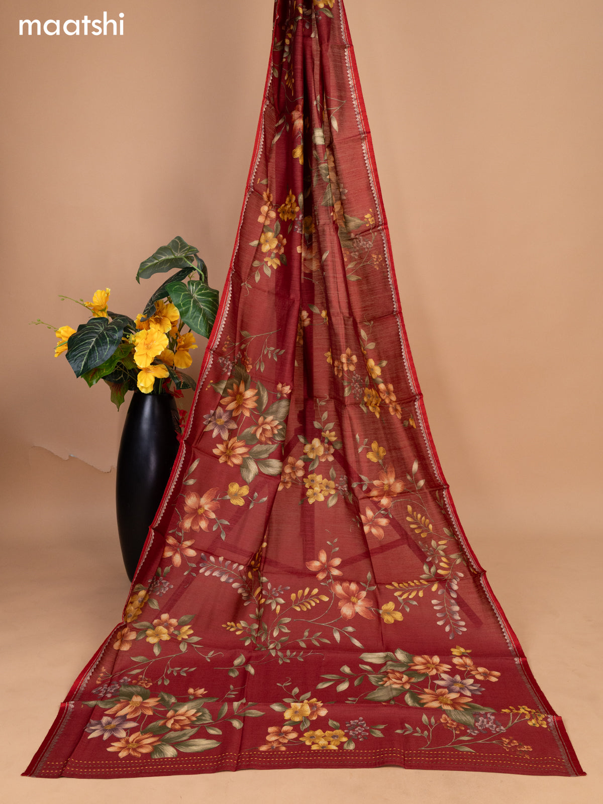 Maroon Pure Tussar Dress Material With Allover Sequin & Kantha Stitch Work