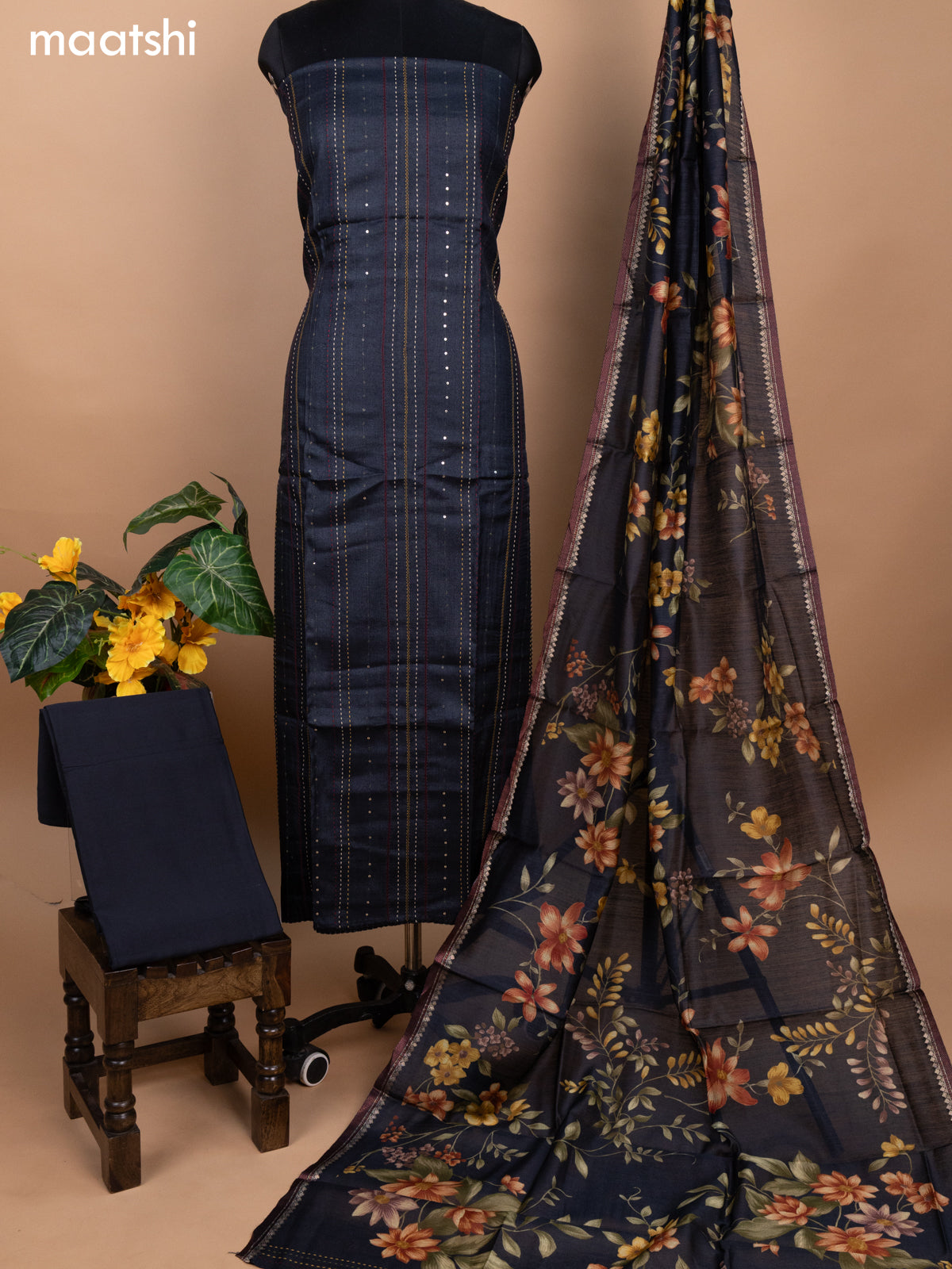 Black Pure Tussar Dress Material With Allover Sequin & Kantha Stitch Work