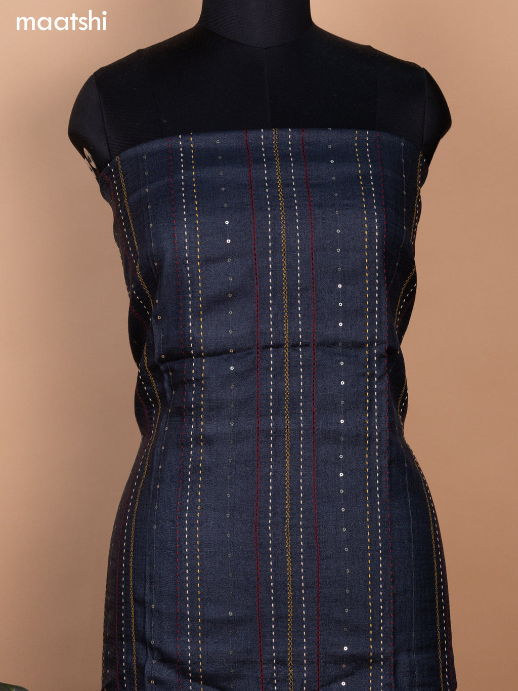 Black Pure Tussar Dress Material With Allover Sequin & Kantha Stitch Work