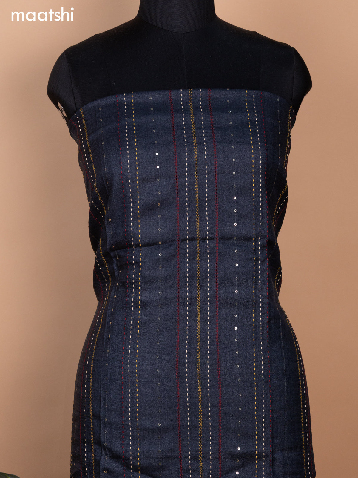 Black Pure Tussar Dress Material With Allover Sequin & Kantha Stitch Work