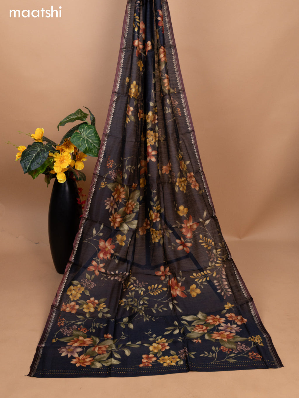 Black Pure Tussar Dress Material With Allover Sequin & Kantha Stitch Work